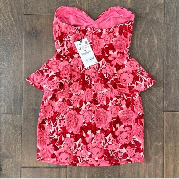 Zara Strapless Pink Floral Dress NWT - Picture 7 of 8